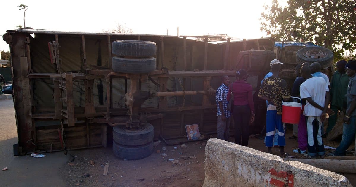 Truck lying on its side at a roadside in Abuja, Nigeria