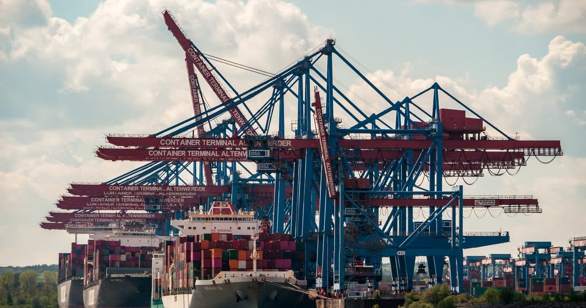 Gantry cranes and stacked containers on a terminal